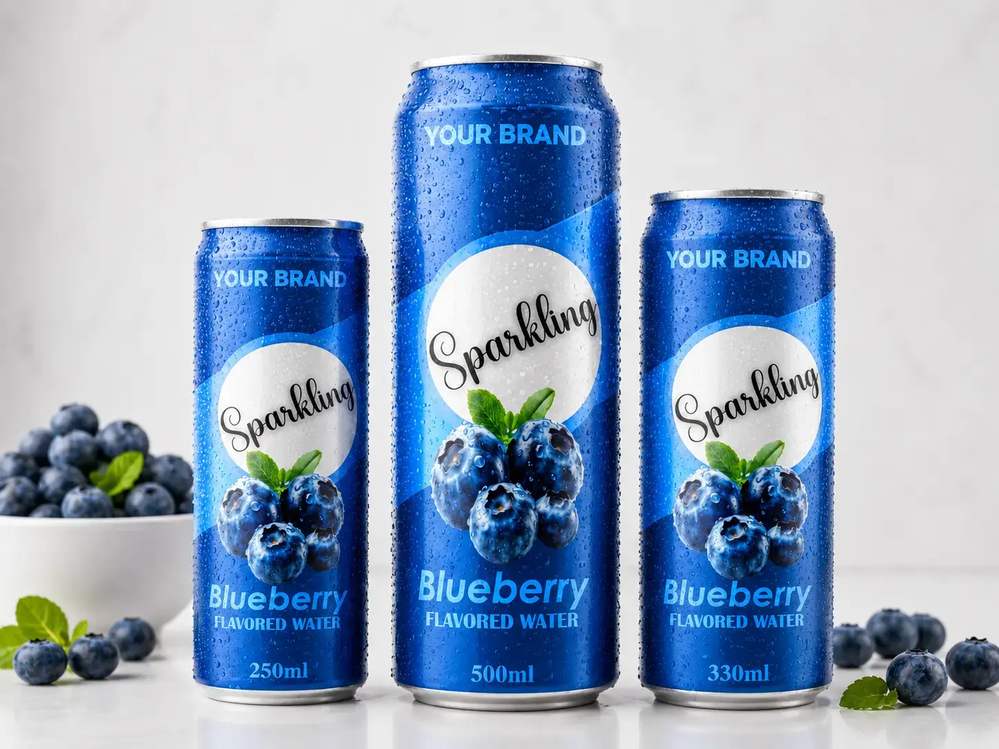 SPARKLING FLAVORED WATER Blueberry 250ml, 500ml and 330ml cans with fresh blueberries.
